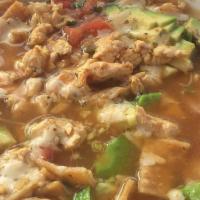 Chicken Tortilla Soup · Diced chicken breast in a flavorful chicken broth with fresh onion, cilantro, tomato, avocad...