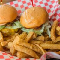 Bacon Cheese Burger Sliders  · Bacon, beef patty, cheddar, lettuce ,tomato, onion, house fry sauce. Served with battered fr...