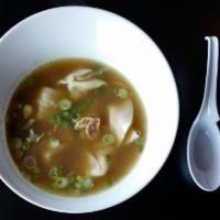 Motuk Soup · Tibetan style chicken dumpling soup cooked with roasted garlic, green onions and Tibetan her...