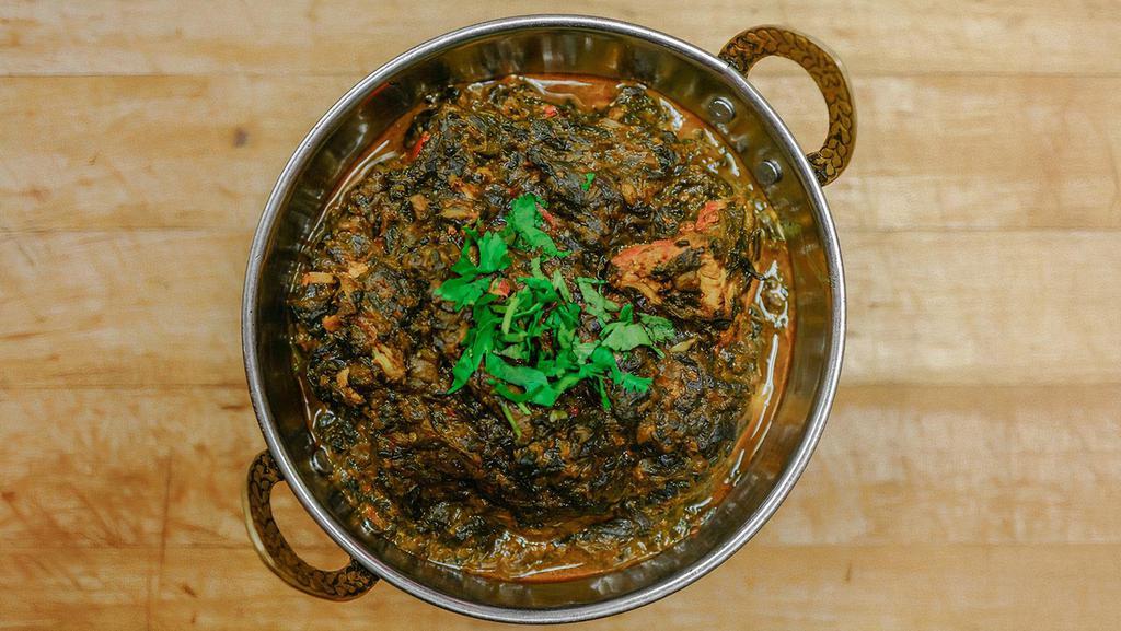 Chicken Tikka Saag · Boneless pieces of tandoori chicken breast cooked in pureed spinach and flavored with ginger and spices chicken.