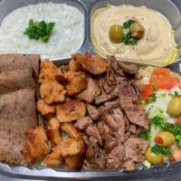 Triple Meat Plate With Pita Bread صـحن ثـلاث انـواع  · Chicken, beef, lamb, rice, pita, onion, tomato, tzatziki, lettuce, and choice of sauce. Hot ...
