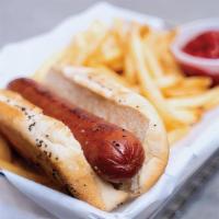 Kids Hot Dog · A hotdog on a poppyseed bun. Served with your choice of fries and applesauce.