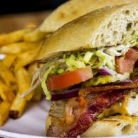 High Rise Chicken · Grilled chicken, bacon, cheddar, pepper jack, lettuce, tomato, red onion, pickles, and mayo ...