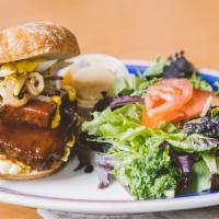 Bbq Burger · Our In-House Smoked Tofu, grilled onion, potato salad, homemade barbecue sauce, mustard and ...