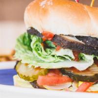 Really Big Burger · Our In-House Smoked Tofu, sweet pickle, grilled onion, tomato, lettuce, potato salad, vegan ...