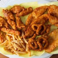 Seafood Basket  · Two pieces fish, six calamari rings, four shrimps, four potato scallops, two sea scallops, t...