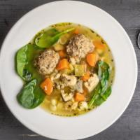 Wedding Soup · Chicken soup with spinach, baby meatballs and pasta.