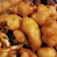 Pu Pu Platter · Served for two. Egg rolls, fried shrimp, honey chicken and two teriyaki chicken sticks.