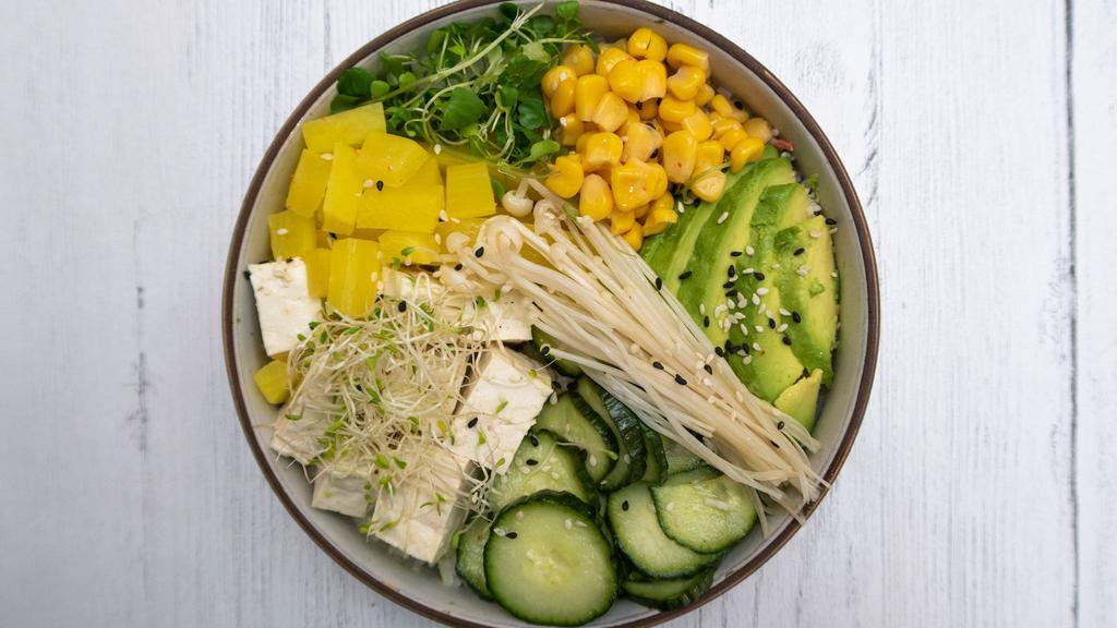 Green Bowl · Tofu, cucumber salad, avocado, enoki mushroom, sweet corn, pickled radish, organic sprouts.