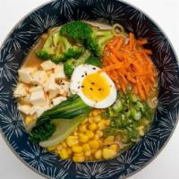 Vegi Miso Ramen · Tofu, carrots, broccoli, bok choy, boiled egg, corn and fresh green onion.