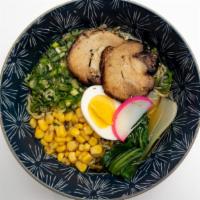 Shoyu Ramen · Roasted pork, boiled egg, corn, fresh green onion, bamboo shoot, fish cake in soy broth.