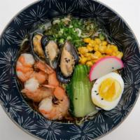 Seafood Ramen · Shrimp, mussel, boiled egg, corn, bok choy, fresh green onion, and fish cake.