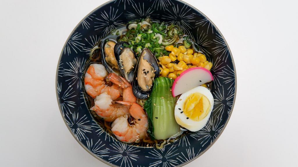 Seafood Ramen · Shrimp, mussel, boiled egg, corn, bok choy, fresh green onion, and fish cake.
