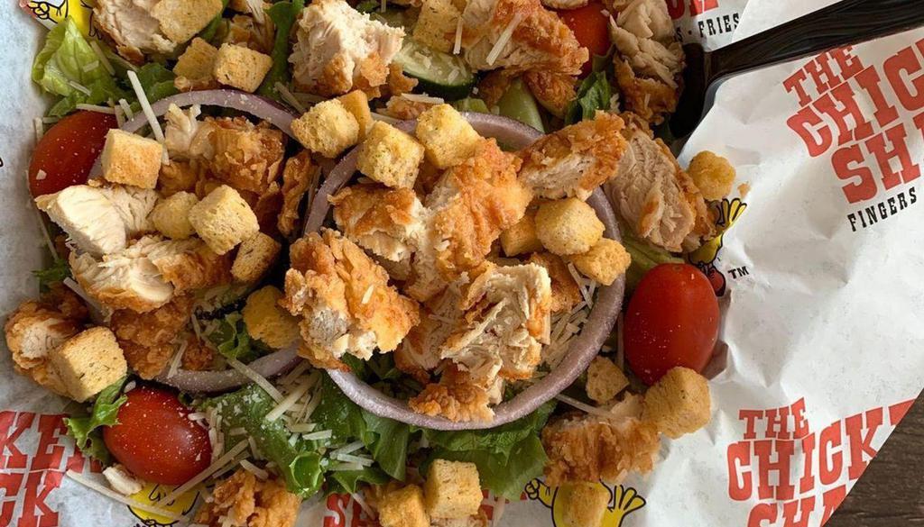 Shack Salad · Our fresh salad with tomato, red onion, cucumbers, shredded Parmesan cheese, croutons and choice of dressing. Choice of grilled or fried chicken.