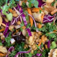 Kale Wheatberry Salad · Fresh kale salad with wheatberries, toasted walnuts, dried cherries, feta cheese and our hou...