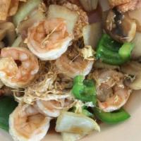 Shrimp With Lobster Sauce · Shrimps cook with mushroom onion bell pepper & egg in brown sauce.