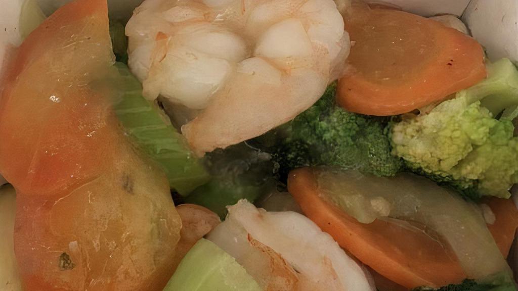 Shrimp With Vegetables · Shrimps stir-fried with mixed veggies in brown garlic sauce.