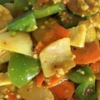 Thai Style Curry Chicken · Spicy. Chicken breast stir-fried with bell pepper, onion, carrot, zucchini, water chestnuts,...