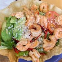 Shrimp And Avocado Salad · Grilled shrimp, romaine lettuce, tomatoes, cotija cheese, pepita seeds, tortilla strips and ...