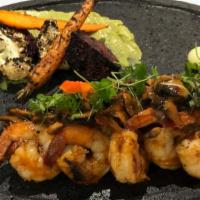 Camarones A La Diabla · Pan-seared vegetables with mushrooms, 6 prawns served with rice & beans, and a side of slice...