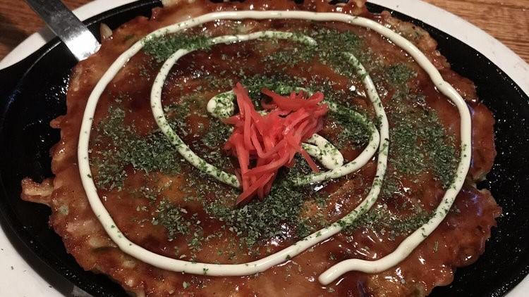 Okonomiyaki - Vegetable Pancake, Japanese Favorite · A choice of beef, pork belly, shrimp, or yariika (squid).