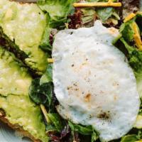 Farmer Plate** · 16-grain garlic toast + avocado, mixed greens with dijon vinaigrette, tomato & a fried egg