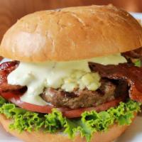 Bacon Blues (D) · Gorgonzola cheese/thick-peppered bacon/lettuce/tomato/house-made blue cheese dressing/house-...
