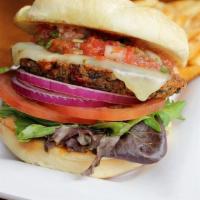 Spicy Black Bean Burg (D) · Spicy, made from scratch, black bean patty, pepperjack cheese, spring mix, tomato, red onion...