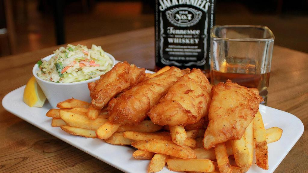 Fish & Chips (D) · Hand battered wild caught cod fillets/served with coleslaw/natural cut fries/house-made tartar.