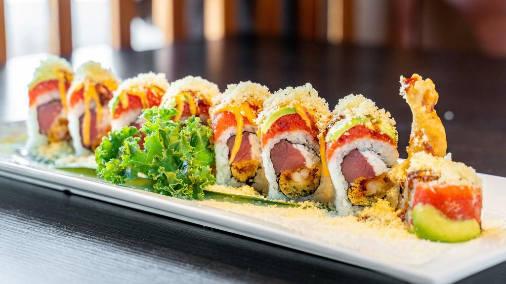 Denver Broncos Roll · (raw fish roll ) crab mix, shrimp tempura, tuna inside. Spicy tuna, avocado on to with crunch, spicy mayo and eel sauce.