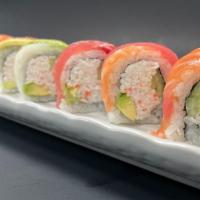 Rainbow Roll · Crab, cucumber, and fresh avocado;  topped with tuna, salmon, red snapper, shrimp, and fresh...