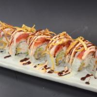 Red Crunch Roll · Crab, cucumber, fresh avocado, and 2 pc of shrimp tempura; topped with spicy tuna, sweet pot...
