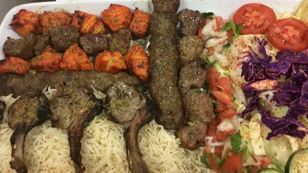 4 Family Style Kabob · Combination of all different kabobs served with rice, salad and naan bread.