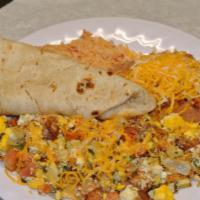 Chorizo With Eggs · Served with rice beans and flour tortilla.