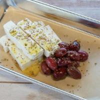 Feta & Olives · Feta cheese  and pitted greek kalamata olives topped with a drizzle of oregano and olive oil...