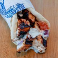 Chicken Souvlaki Wrap(Chicken Gyro) · Grilled chicken breast wrapped in pita bread with tomatoes, onions, and tzatziki sauce.