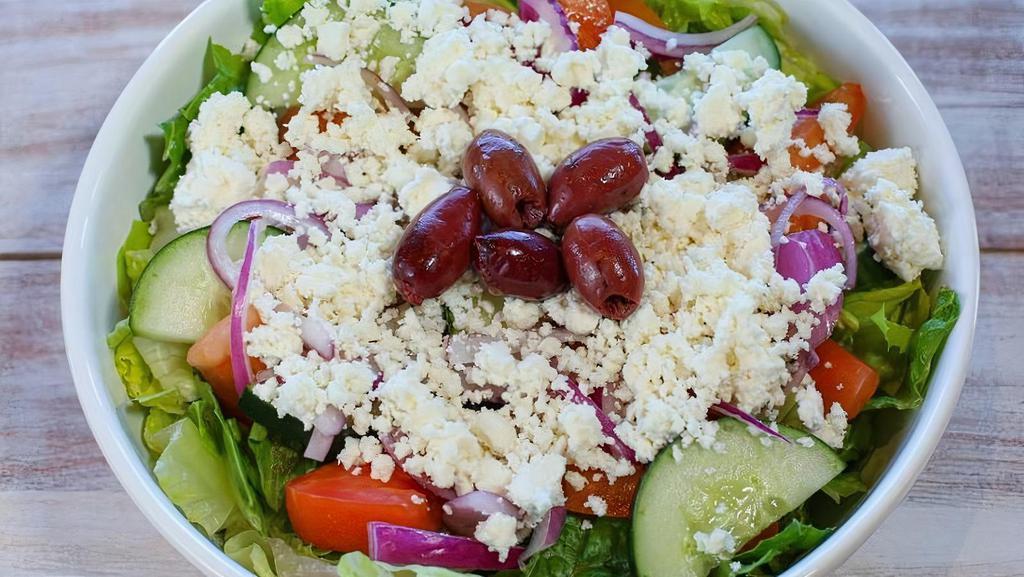 Original Greek Salad (No Protein) · Served with lettuce, tomatoes, onions, cucumbers, feta cheese, olives, and pita.