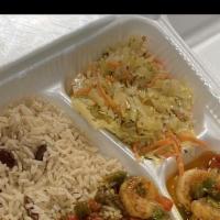 Curry Shrimp Meal · Jamaican curried shrimp with side.