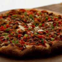 Pizza Italiano · White sauce, three cheese blend, garlic, pepperoni, green onion, mushrooms, tomatoes, sausag...