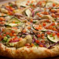 Pizza Monterey · White sauce, three cheese blend, garlic, spinach, mushrooms, red onion, zucchini, artichoke ...
