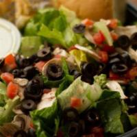Mixed Green · Romaine lettuce, mushrooms, tomatoes, olives, seasoned croutons and ranch dressing.