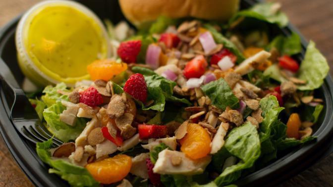Strawberry Chicken Salad · Romaine lettuce, chicken, strawberries, mandarin oranges, red onion, candied almonds and poppy seed dressing.