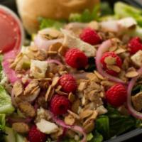 Raspberry Chicken · Romaine Lettuce, Grilled Chicken, Pickled Red Onions, Feta Cheese, Green Apples, Candied Alm...