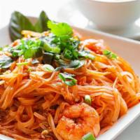 Pad Thai · Flat rice noodles, bean sprouts, and eggs stir-fried in a spicy tamarind-based sauce topped ...