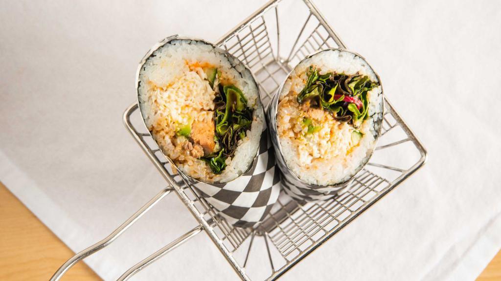 Rainbow Sushi Burrito · Seaweed wrapped sushi burrito with salmon, spring mix, avocado, crab meat, and fish egg.