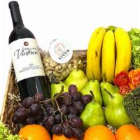 Supreme Fruit &  Red Wine Basket · A beautiful gift of fruits, nuts and a bottle of Walla Walla Vinters Cabernet Sauvignon. A p...