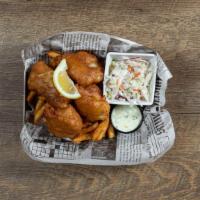 Fish & Chips · Beer battered premium Icelandic cod, fries, coleslaw, tartar sauce.