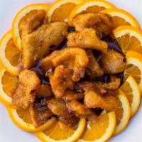 Orange Chicken · Chunks of chicken, marinated, breaded and fried until crispy, blended with spicy orange flav...