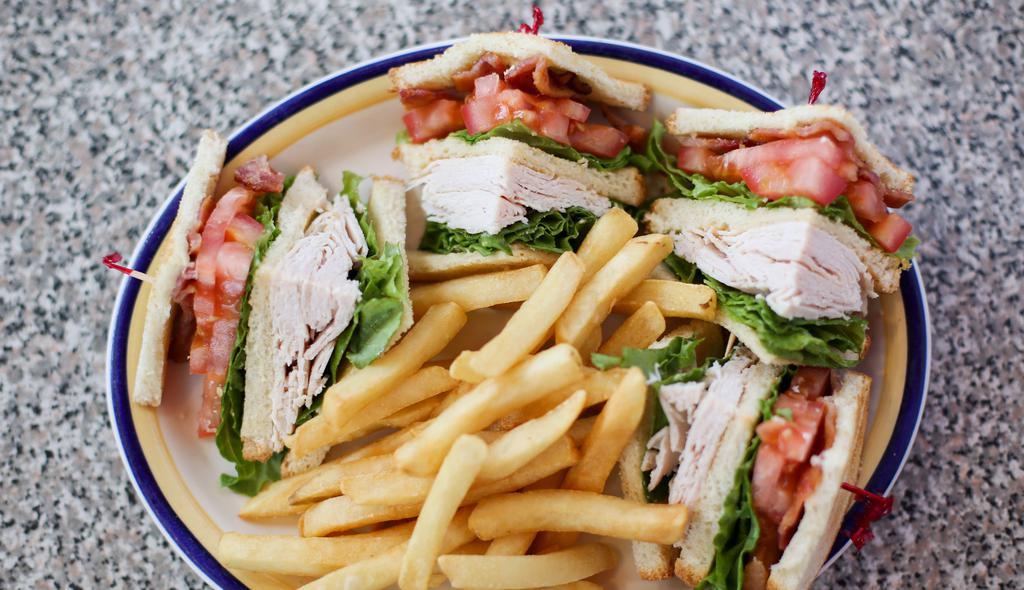 Club Sandwich · Triple decker of sliced turkey, bacon, lettuce, tomatoes and mayonnaise on toasted white bread.