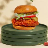 Hot Gonna Lie Sandwich · Crispy vegan fried chicken, sliced tomatoes, shredded lettuce, jalapenos, and nashville hot ...
